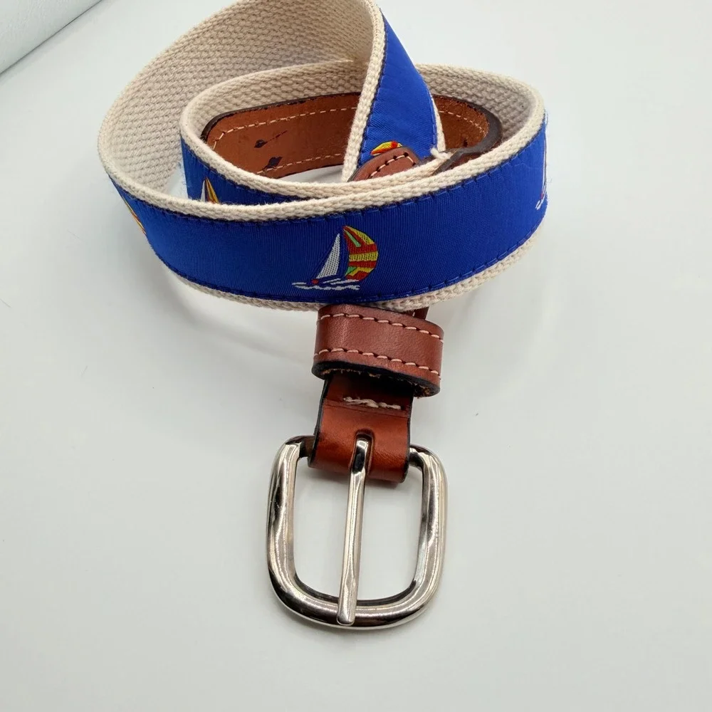 Sailboat Ribbon Belt Mens 30 Blue Canvas Leather Trim Nautical‎ Preppy Coastal